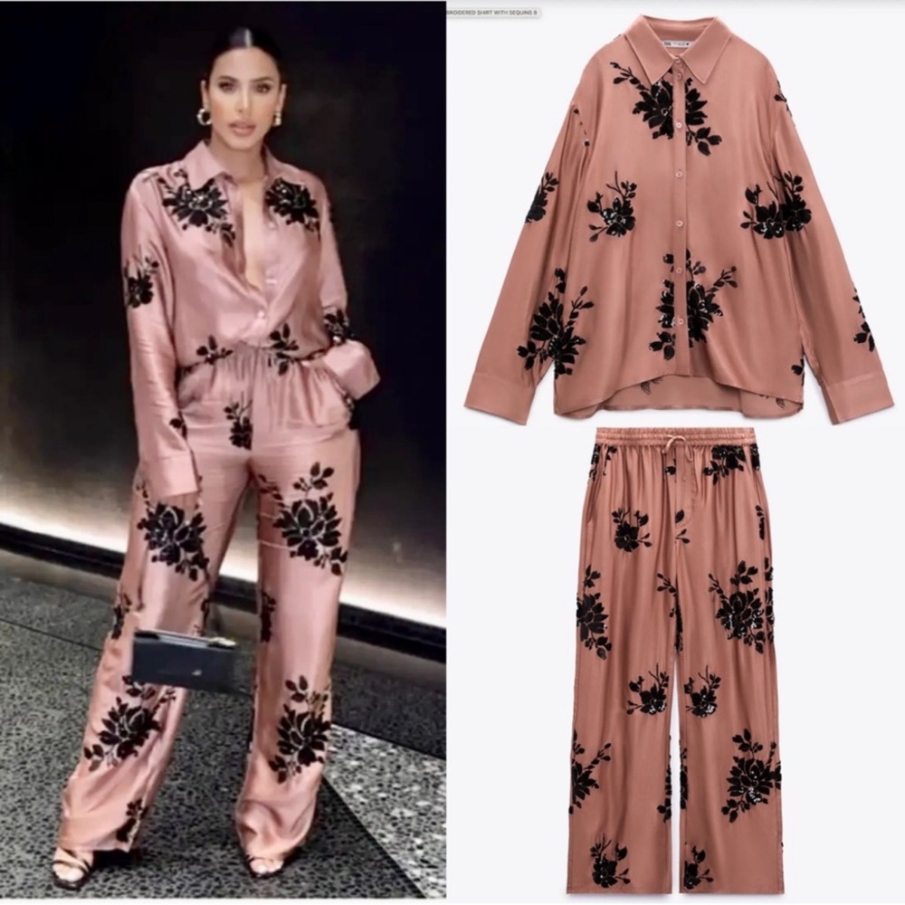 Zara Pink Satin Floral Button-Up Blouse
